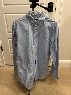 Men’s Vineyard Vines Light Blue Micro-Check Button-Down Shirt-Size M